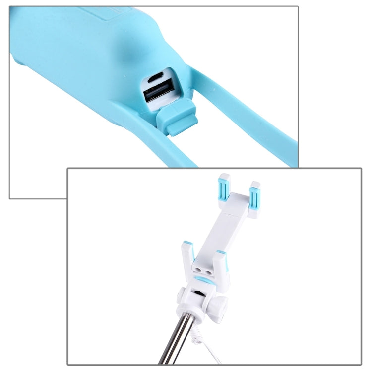 2 in 1 Portable USB Cooling Fan Blower with Three Adjustable Wind Speed + Wire Controlled Monopod Folding Extendable Handheld Pocket Holder Selfie Stick with Silicone Hand Strap, Folded Length: 22cm, Max Extension Length: 60cm(Blue)