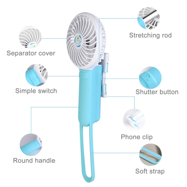2 in 1 Portable USB Cooling Fan Blower with Three Adjustable Wind Speed + Wire Controlled Monopod Folding Extendable Handheld Pocket Holder Selfie Stick with Silicone Hand Strap, Folded Length: 22cm, Max Extension Length: 60cm(Blue)