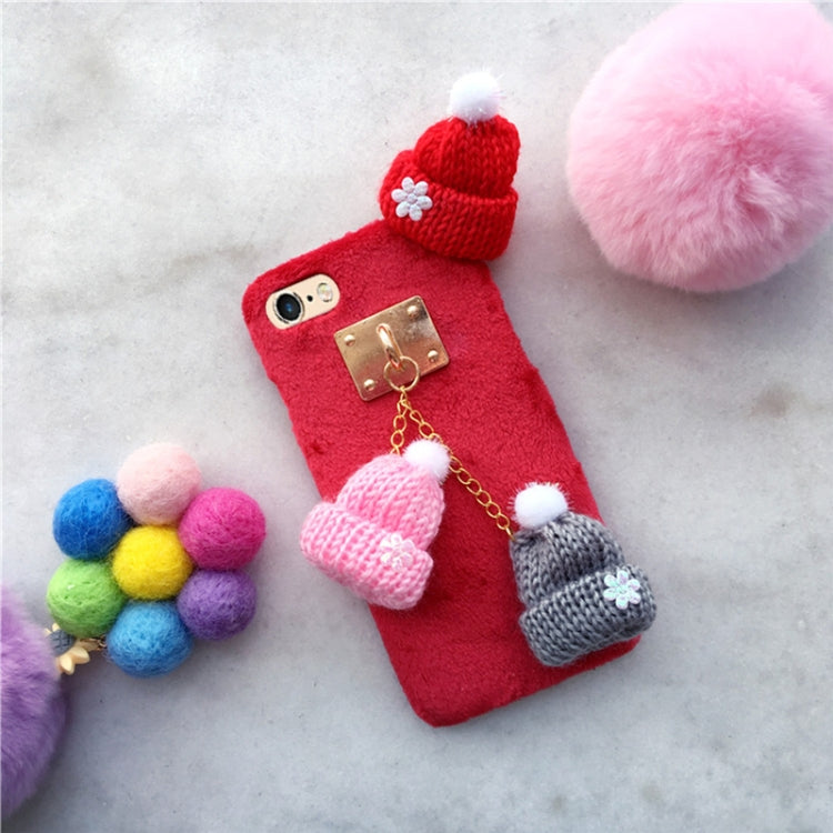 For iPhone 6 & 6s Christmas Series Handmade Christmas Wool Hat Plush Surface Protective Back Cover Case with Chain(Red)