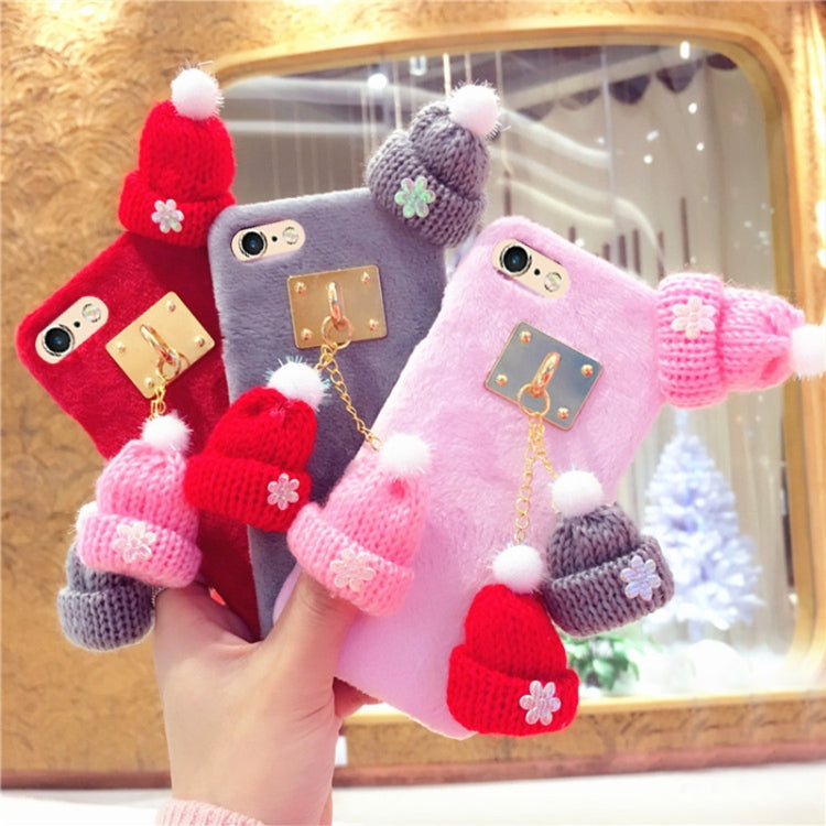 For iPhone 6 & 6s Christmas Series Handmade Christmas Wool Hat Plush Surface Protective Back Cover Case with Chain(Red)