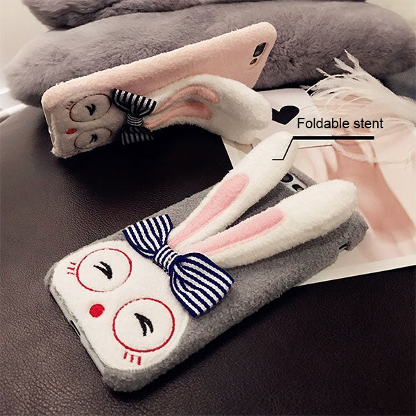 For iPhone 6 & 6s Lovely Rabbit Ear Holder Warm Plush Full Coverage Protective Back Cover Case
