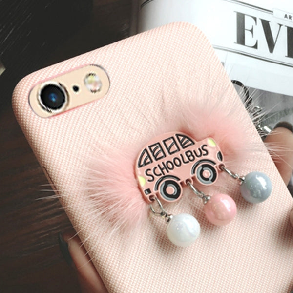 For iPhone 6 & 6s Plush School Bus Pattern Protective Back Cover Case with Sling & Small Ball Pendant