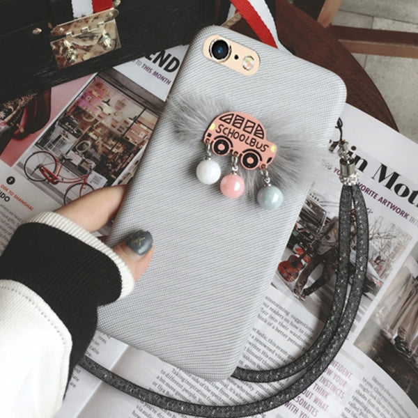 For iPhone 6 & 6s Plush School Bus Pattern Protective Back Cover Case with Sling & Small Ball Pendant