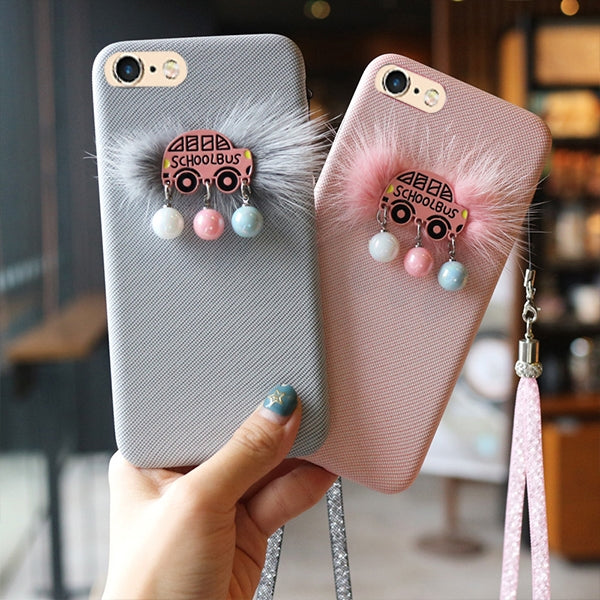 For iPhone 6 & 6s Plush School Bus Pattern Protective Back Cover Case with Sling & Small Ball Pendant