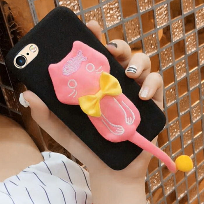 For iPhone 6 & 6s Plush Surface Cloth Tail Cats Protective Back Cover Case with Furry Ball & Bowknot