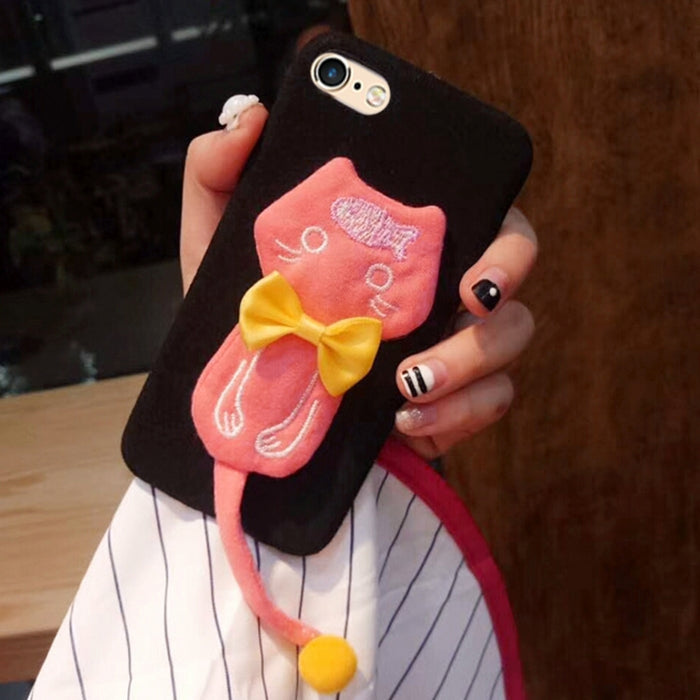 For iPhone 6 & 6s Plush Surface Cloth Tail Cats Protective Back Cover Case with Furry Ball & Bowknot