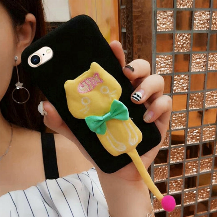 For iPhone 6 & 6s Plush Surface Cloth Tail Cats Protective Back Cover Case with Furry Ball & Bowknot
