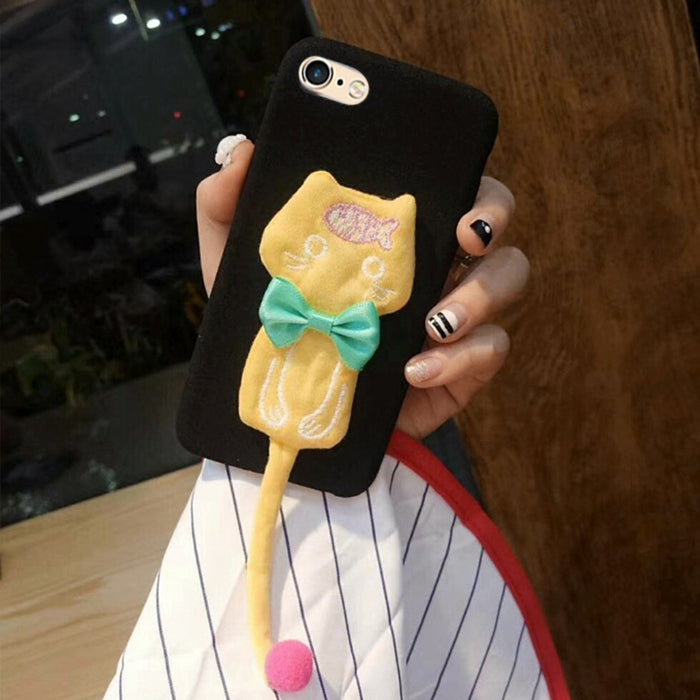For iPhone 6 & 6s Plush Surface Cloth Tail Cats Protective Back Cover Case with Furry Ball & Bowknot