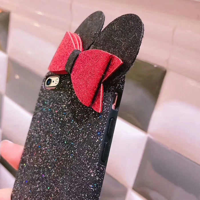 For iPhone 6 & 6s Glitter Powder Frosted Mickey Ear Bowknot Protective Back Cover Case