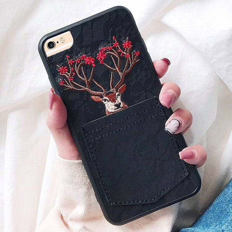 For iPhone 6 & 6s Christmas Series Embroidery Elk Pattern Drop-proof Protective Back Cover Case with Card Slot