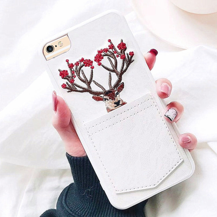 For iPhone 6 & 6s Christmas Series Embroidery Elk Pattern Drop-proof Protective Back Cover Case with Card Slot