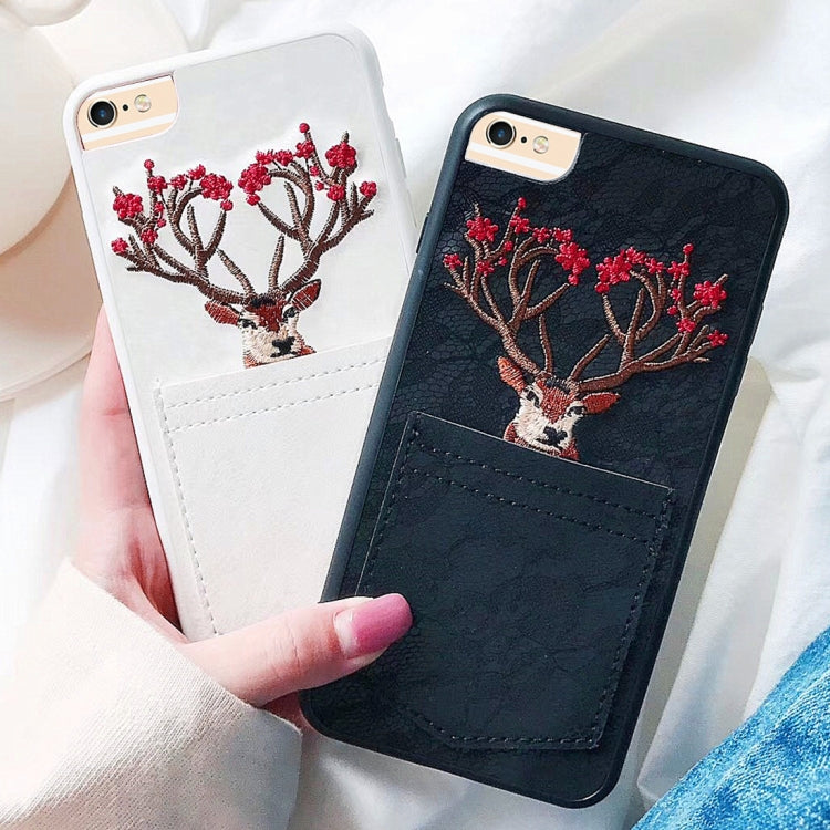 For iPhone 6 & 6s Christmas Series Embroidery Elk Pattern Drop-proof Protective Back Cover Case with Card Slot