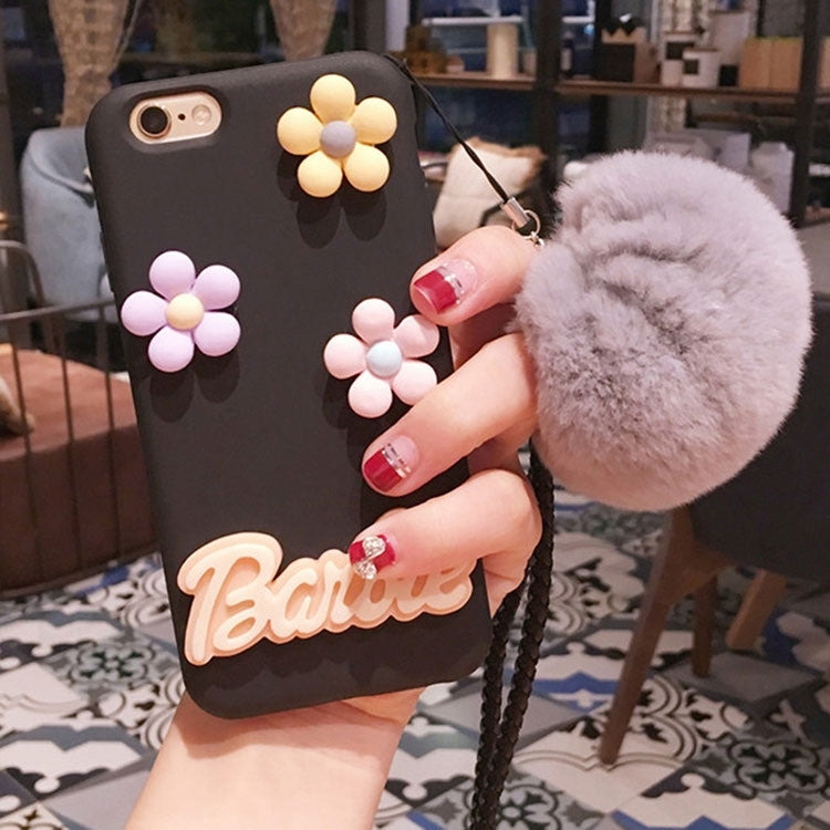 For iPhone 6 & 6s 3D Flower Pattern Furry Ball Silicone Protective Case with Sling