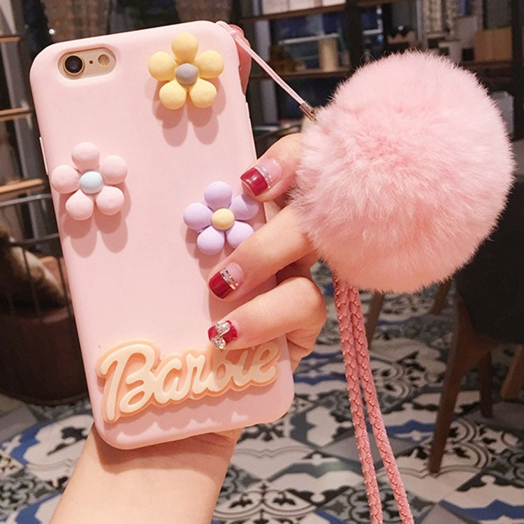 For iPhone 6 & 6s 3D Flower Pattern Furry Ball Silicone Protective Case with Sling