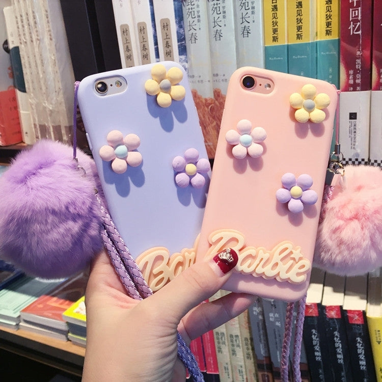For iPhone 6 & 6s 3D Flower Pattern Furry Ball Silicone Protective Case with Sling