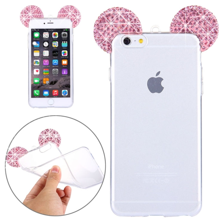 For iPhone 6 & 6s Mouse Ear Diamond Pattern Transparent TPU Protective Case with Lanyard