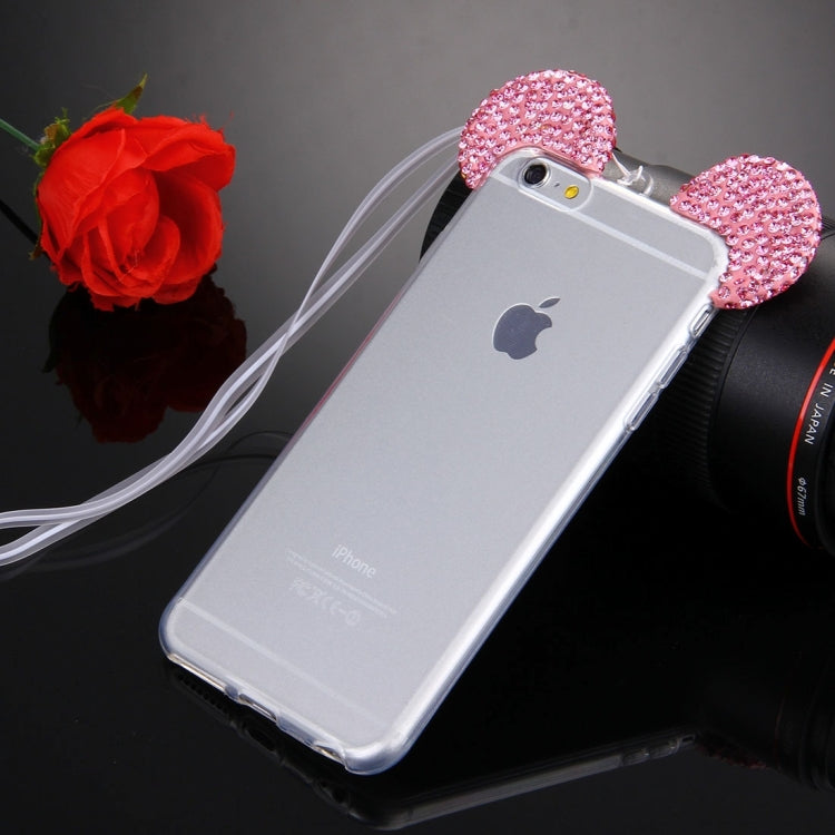 For iPhone 6 & 6s Mouse Ear Diamond Pattern Transparent TPU Protective Case with Lanyard