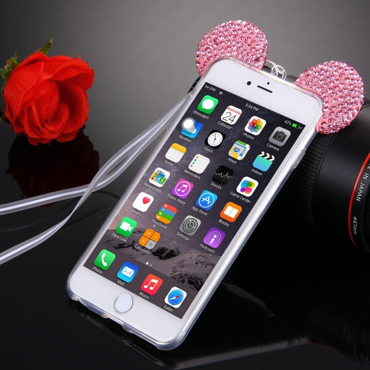For iPhone 6 & 6s Mouse Ear Diamond Pattern Transparent TPU Protective Case with Lanyard