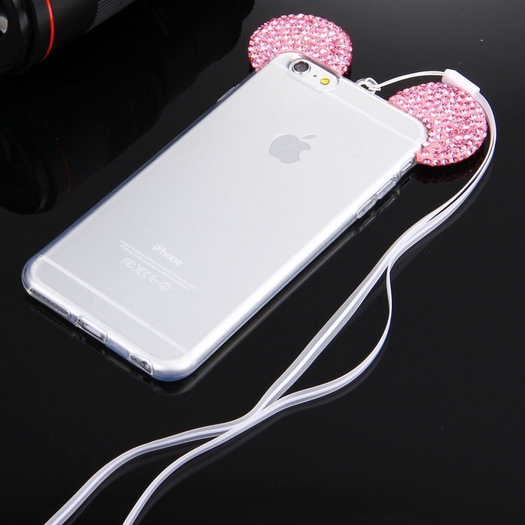 For iPhone 6 & 6s Mouse Ear Diamond Pattern Transparent TPU Protective Case with Lanyard