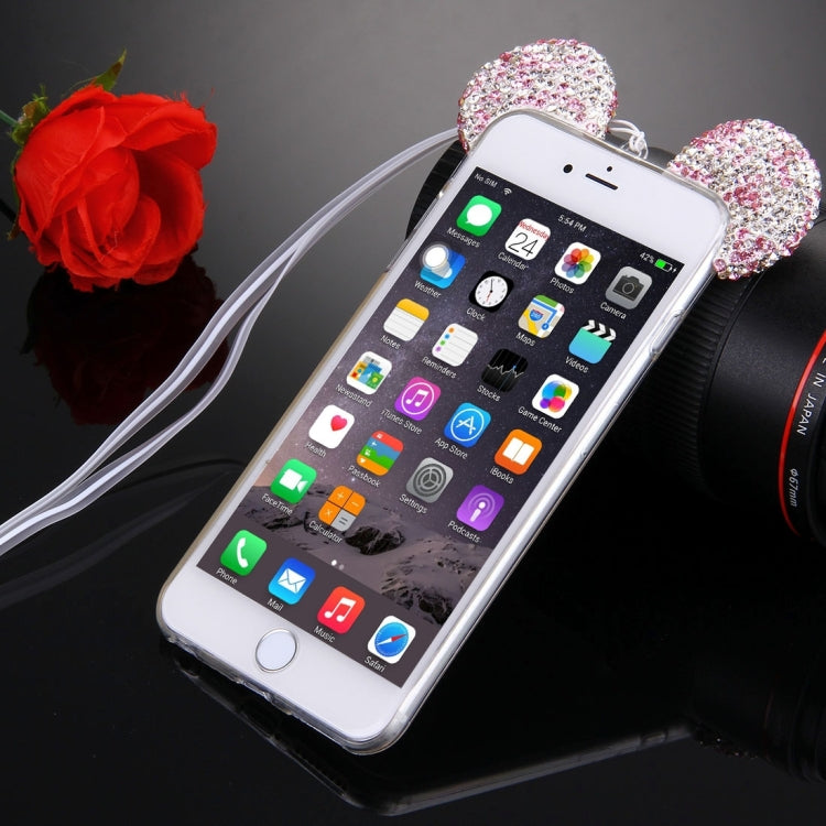For iPhone 6 & 6s Mouse Ear Diamond Pattern Transparent TPU Protective Case with Lanyard