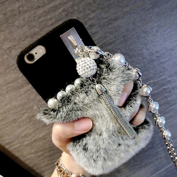 For iPhone 6 & 6s Rabbit Hair Protective Back Cover Case with Diamond Pendant Lanyard