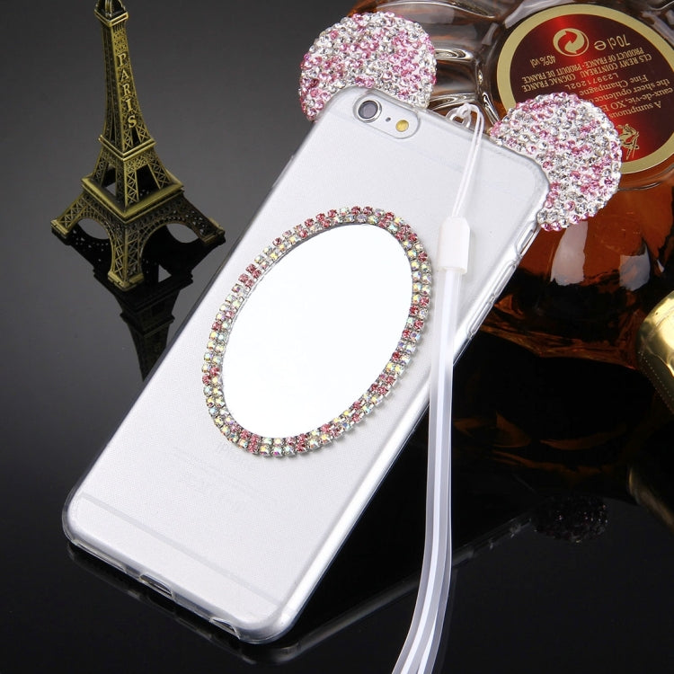 For iPhone 6 & 6s Mouse Ear Diamond Pattern Transparent TPU Protective Case with Lanyard & Mirror