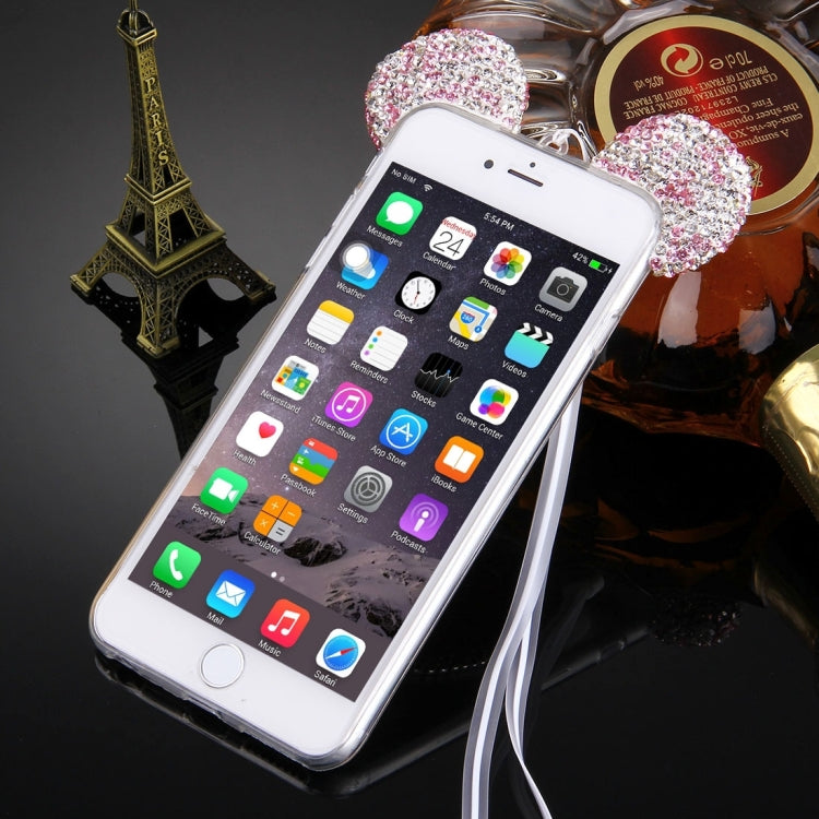 For iPhone 6 & 6s Mouse Ear Diamond Pattern Transparent TPU Protective Case with Lanyard & Mirror