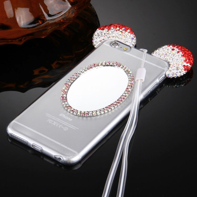 For iPhone 6 & 6s Mouse Ear Diamond Pattern Transparent TPU Protective Case with Lanyard & Mirror
