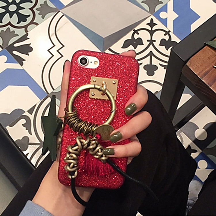 For iPhone 6 & 6s Glitter Powder Soft Protective Back Cover Case with Retro Star & Clover & Tassels Pandent(Red)