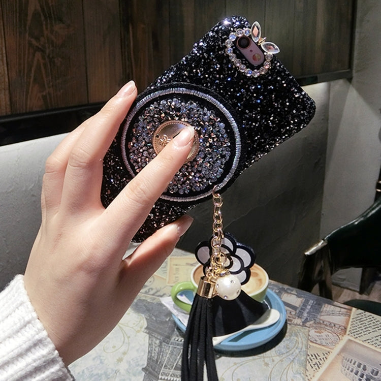 For iPhone 6 & 6s Diamond Plastic Protective Back Cover Case with Flower Pandent(Black)