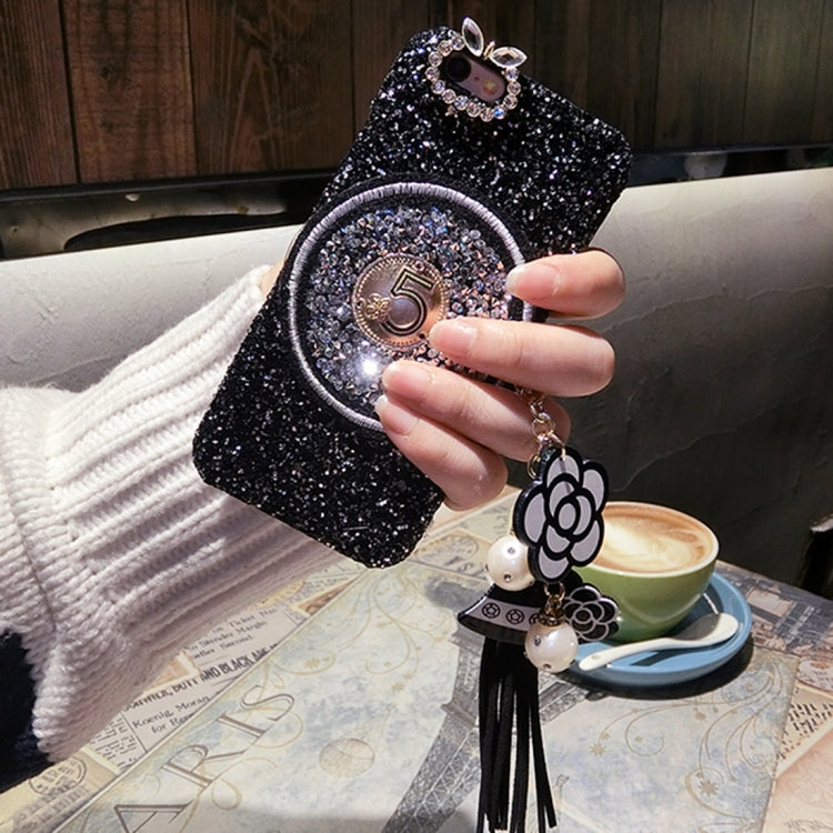 For iPhone 6 & 6s Diamond Plastic Protective Back Cover Case with Flower Pandent(Black)