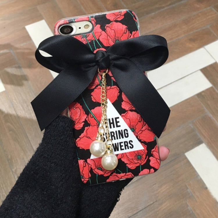 For iPhone 6 & 6s Flower Pattern and Bowknot Full Coverage Soft Protective Back Cover Case with Pearl Pendant