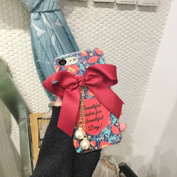 For iPhone 6 & 6s Flower Pattern and Bowknot Full Coverage Soft Protective Back Cover Case with Pearl Pendant