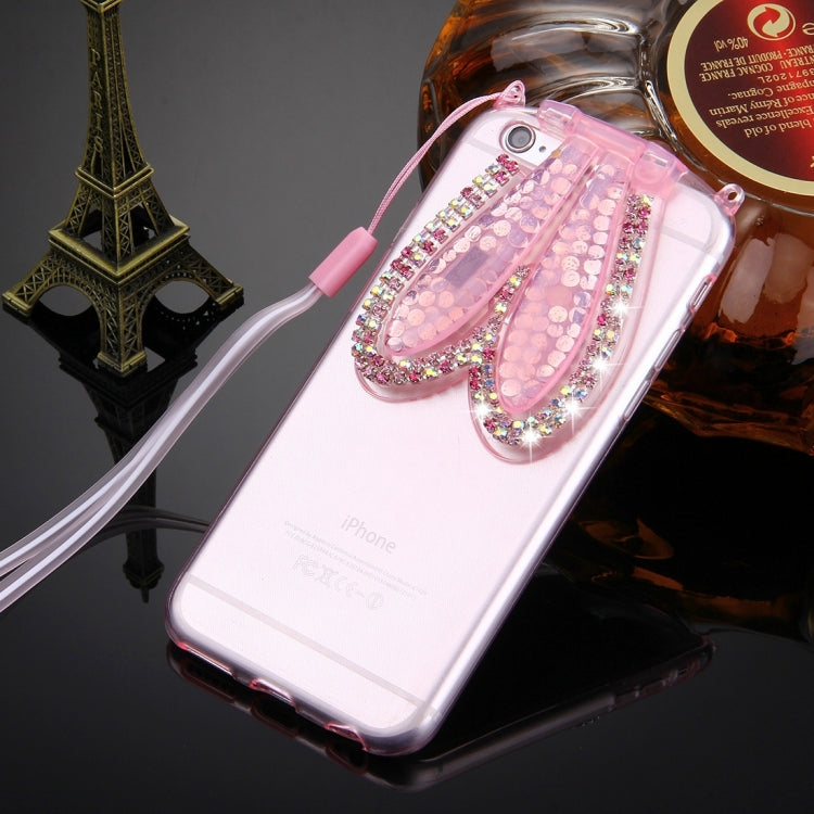 For iPhone 6 & 6s Rabbit Ear Diamond Encrusted Transparent TPU Protective Case with Lanyard & Holder