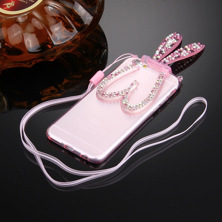 For iPhone 6 & 6s Rabbit Ear Diamond Encrusted Transparent TPU Protective Case with Lanyard & Holder