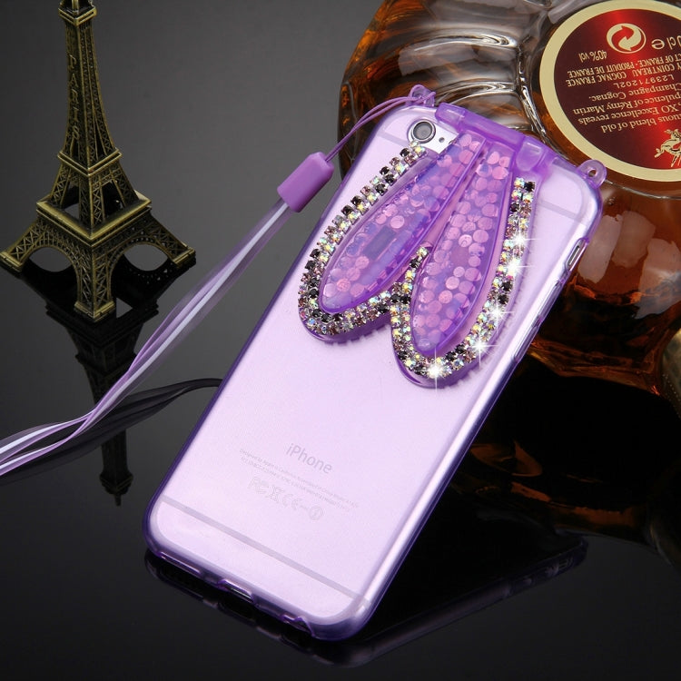 For iPhone 6 & 6s Rabbit Ear Diamond Encrusted Transparent TPU Protective Case with Lanyard & Holder