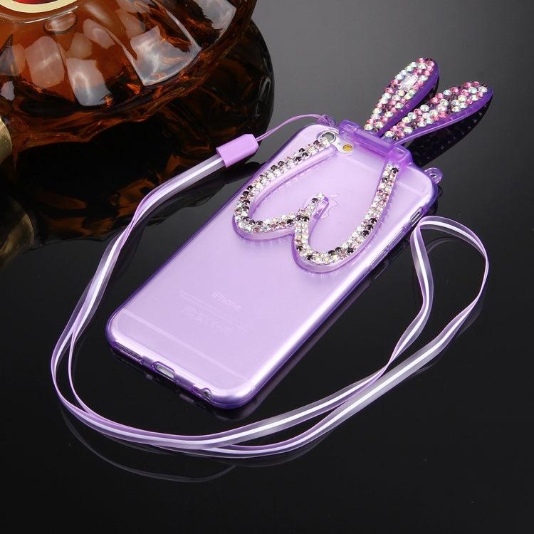 For iPhone 6 & 6s Rabbit Ear Diamond Encrusted Transparent TPU Protective Case with Lanyard & Holder