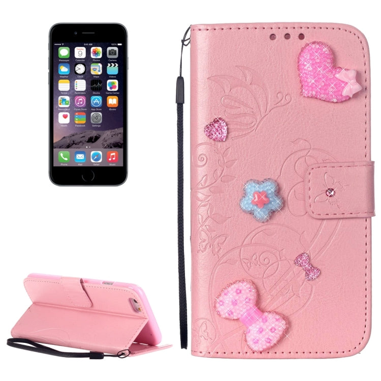 For iPhone 6 & 6s Heart Diamond Encrusted Flowers Embossing Horizontal Flip Leather Case with Holder & Card Slots & Wallet & Lanyard