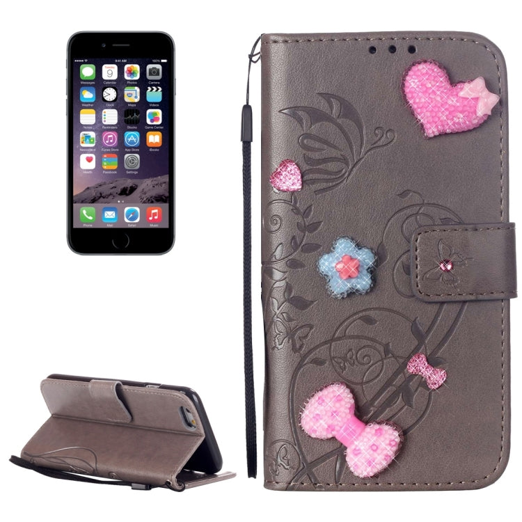 For iPhone 6 & 6s Heart Diamond Encrusted Flowers Embossing Horizontal Flip Leather Case with Holder & Card Slots & Wallet & Lanyard
