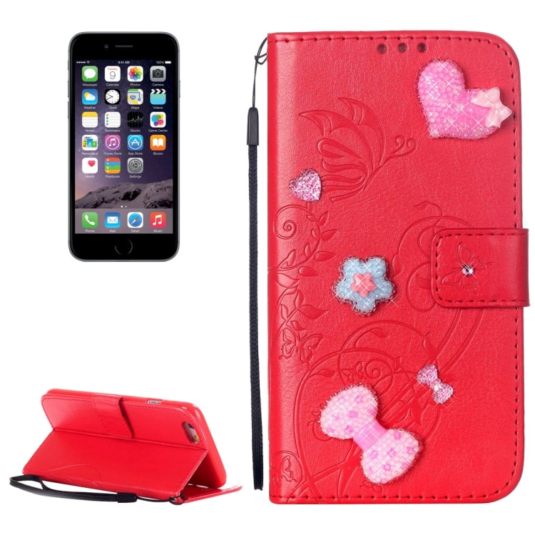 For iPhone 6 & 6s Heart Diamond Encrusted Flowers Embossing Horizontal Flip Leather Case with Holder & Card Slots & Wallet & Lanyard