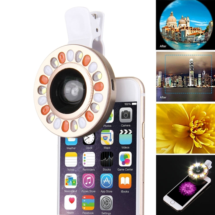 Universal 0.4X Wide Angle Multi-function LED Flash Light Phone Lens with Clip, For iPhone, Samsung, HTC, Sony, Huawei, Xiaomi and Other Smartphones(Gold)