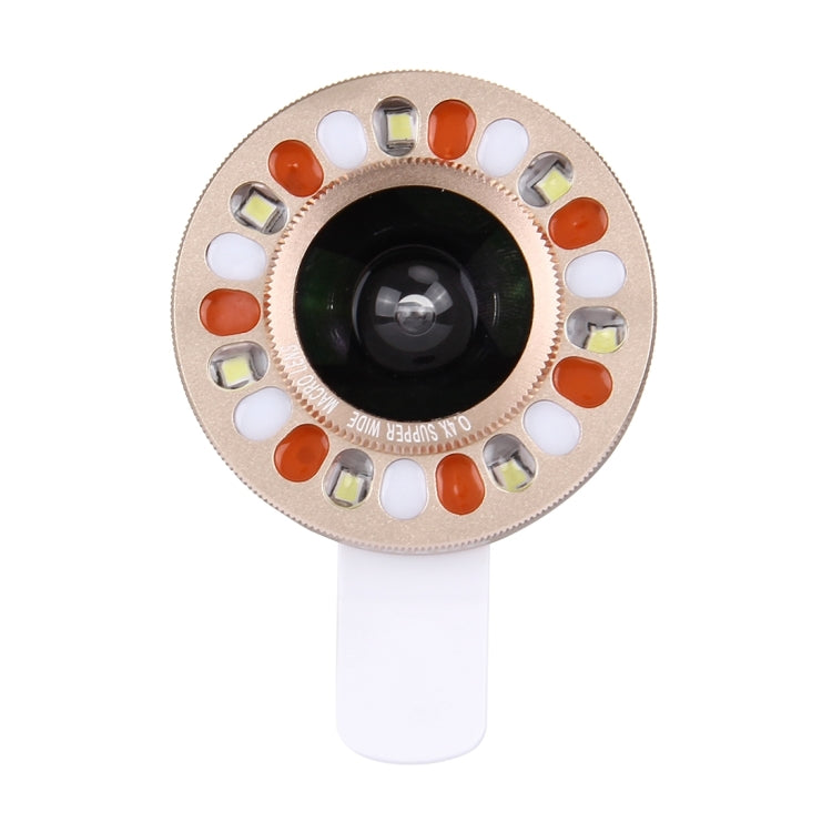 Universal 0.4X Wide Angle Multi-function LED Flash Light Phone Lens with Clip, For iPhone, Samsung, HTC, Sony, Huawei, Xiaomi and Other Smartphones(Gold)