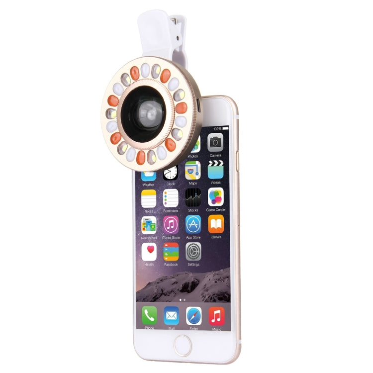 Universal 0.4X Wide Angle Multi-function LED Flash Light Phone Lens with Clip, For iPhone, Samsung, HTC, Sony, Huawei, Xiaomi and Other Smartphones(Gold)