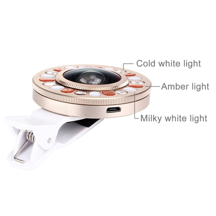 Universal 0.4X Wide Angle Multi-function LED Flash Light Phone Lens with Clip, For iPhone, Samsung, HTC, Sony, Huawei, Xiaomi and Other Smartphones(Gold)