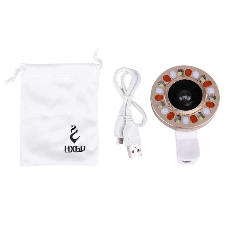 Universal 0.4X Wide Angle Multi-function LED Flash Light Phone Lens with Clip, For iPhone, Samsung, HTC, Sony, Huawei, Xiaomi and Other Smartphones(Gold)