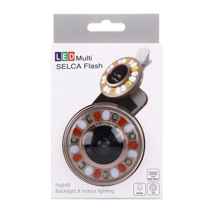 Universal 0.4X Wide Angle Multi-function LED Flash Light Phone Lens with Clip, For iPhone, Samsung, HTC, Sony, Huawei, Xiaomi and Other Smartphones(Gold)