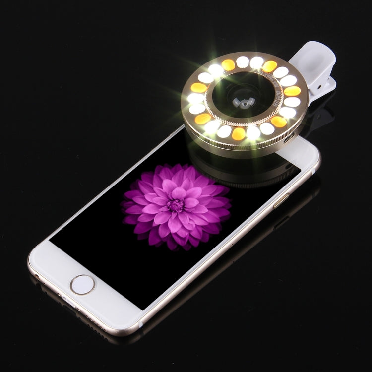 Universal 0.4X Wide Angle Multi-function LED Flash Light Phone Lens with Clip, For iPhone, Samsung, HTC, Sony, Huawei, Xiaomi and Other Smartphones(Gold)