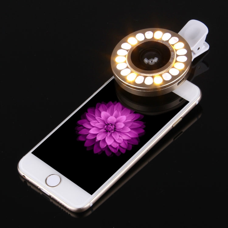 Universal 0.4X Wide Angle Multi-function LED Flash Light Phone Lens with Clip, For iPhone, Samsung, HTC, Sony, Huawei, Xiaomi and Other Smartphones(Gold)