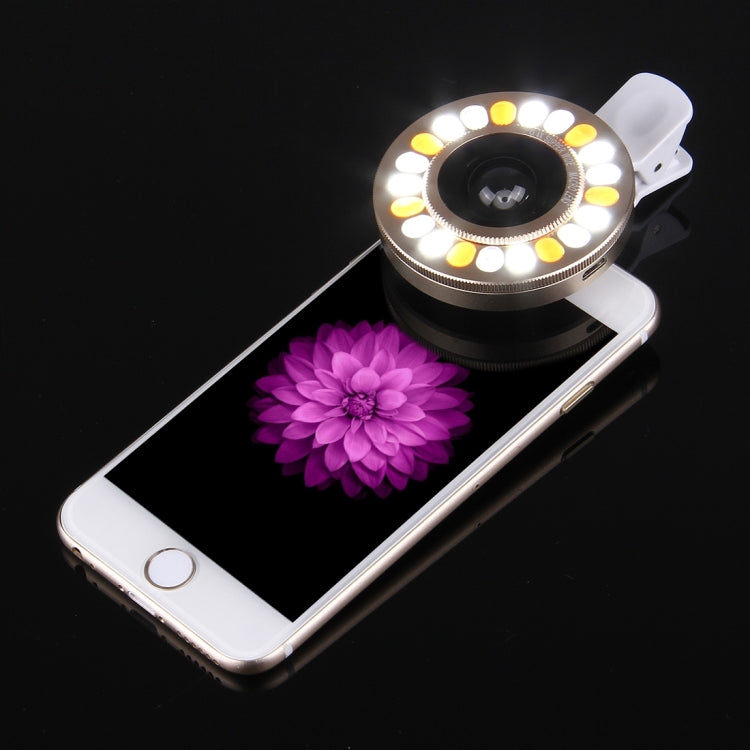 Universal 0.4X Wide Angle Multi-function LED Flash Light Phone Lens with Clip, For iPhone, Samsung, HTC, Sony, Huawei, Xiaomi and Other Smartphones(Gold)