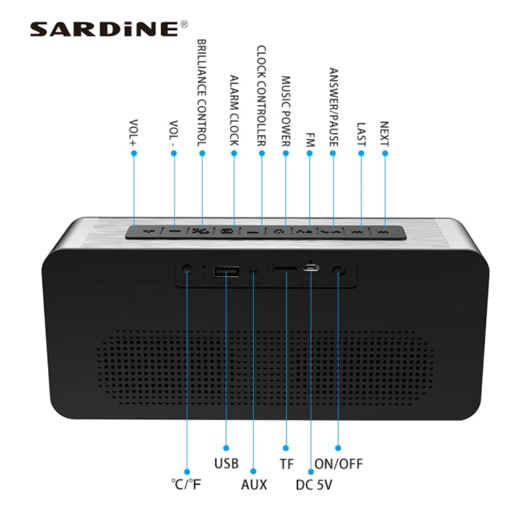 SARDiNE A10 Multifunctional Music Playback Bluetooth Speaker, with LCD Display, Support Hands-free Call & Thermometer & Alarm Clock & TF Card & U-disk & AUX Line In and Out & FM Function